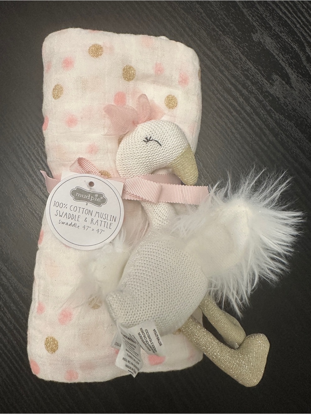 Mud Pie Baby Girl Swaddle Swan Toy Set 47x47 Pink Gold Polka Dot Muslin NWT